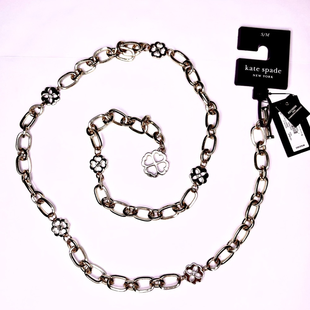 Kate Spade Gold Chain Link Belt - S/M Floral R Leaf Clover Rhinestone Chain Belt